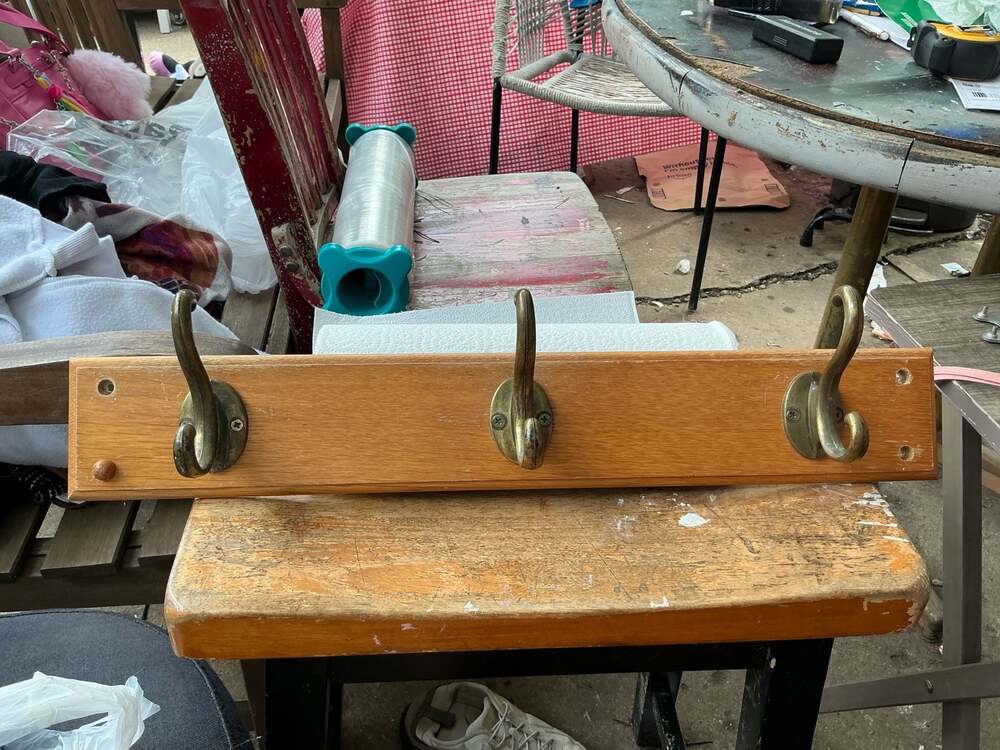 Vintage Wall-Mounted Wooden Coat Rack with Three Antique Brass Double Hooks